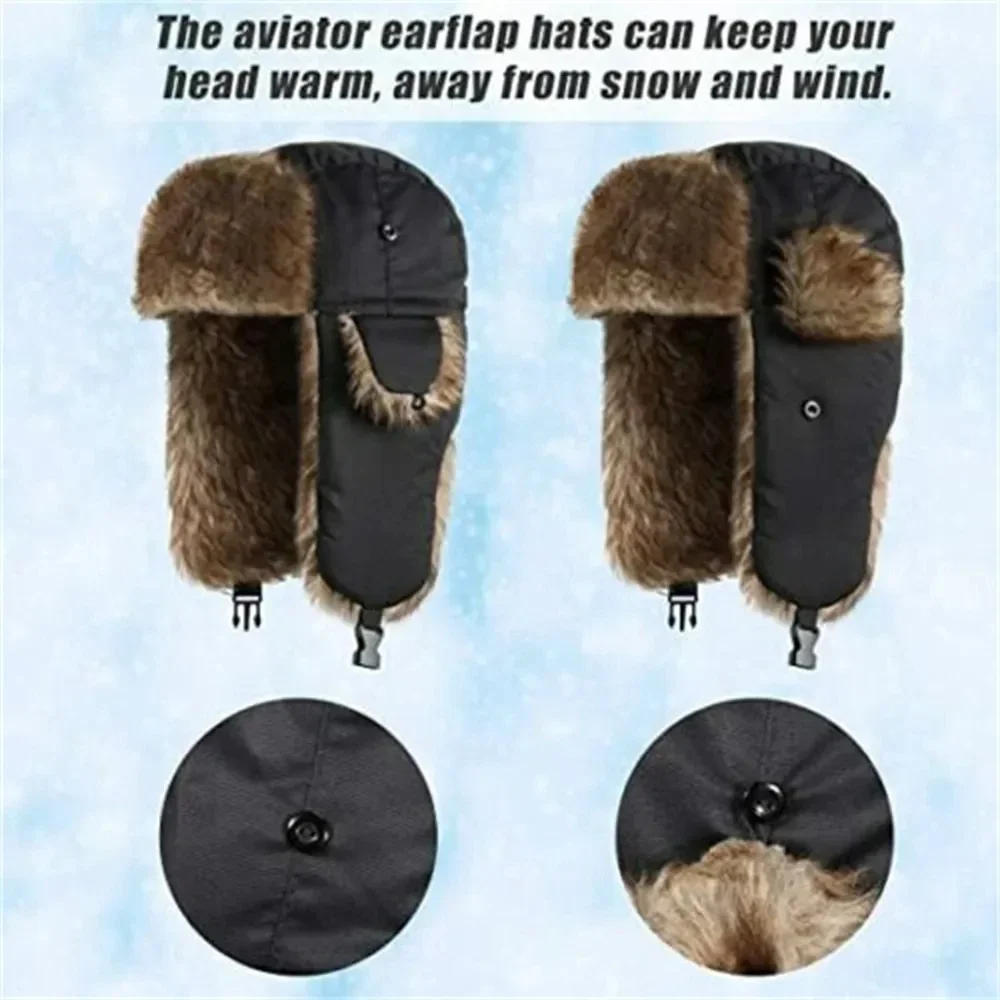 Unisex Warme Herren- und Damen-Trapper-Mütze, Aviator-Trooper-Ohrenklappenmütze, Winter-Ski-Mütze, Neue Er-Hüte, Russische Kunstfellmützen – Detail 3