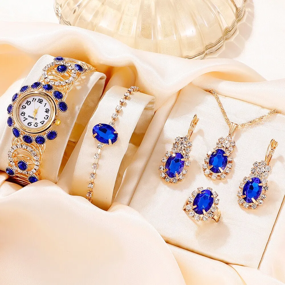 Conjunto de 6 piezas de lujo para mujer, reloj de pulsera de cuarzo, magnético, deportivo, azul