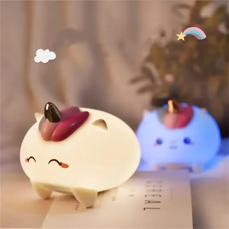 Silikonowa, urocza lampka nocna LED w kształcie kreskówki, ładowana przez USB, dotykowa, z regulacją nastroju, lampka stołowa dla dzieci, prezent, dekoracja pokoju, dropshipping.