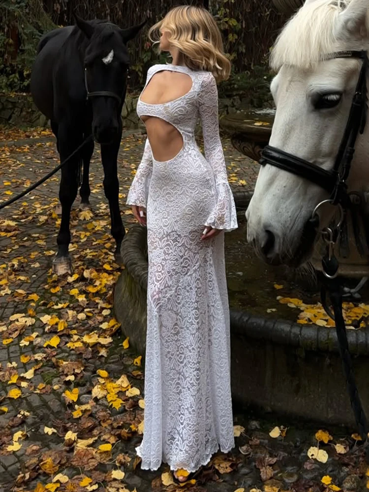 

Trendix Sexy Hollow Out Maxi Dress For Women Bodycon High Waist Long Sleeve Dress Party Club Elegant Sexy Backless Evening Gown