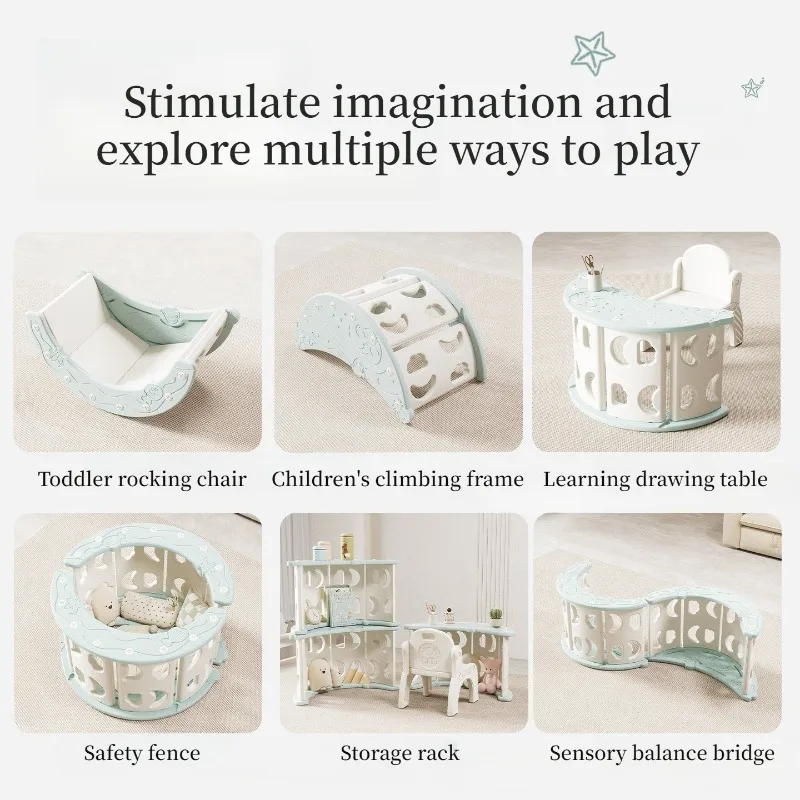 Multi-functional Kids Climbing Sports Toy with Slide Foldable Pad Toddler Rocking Bed Study Table Storage Shelf Sport Toys