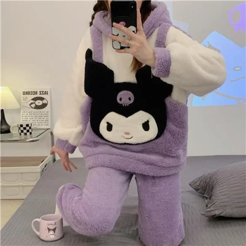 

New Sanrio Cinnamoroll plush pajamas for women winter thickened coral velvet hooded flannel can be worn outside home clothes set