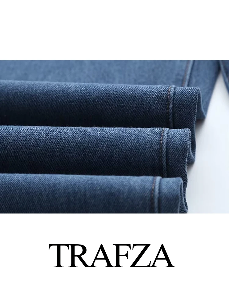 TRAFZA Autumn Fashion Women Jeans Black And Blue Patchwork Mid-Waist Pocket Buttons Zipper Female Chic Casual Denim Pants