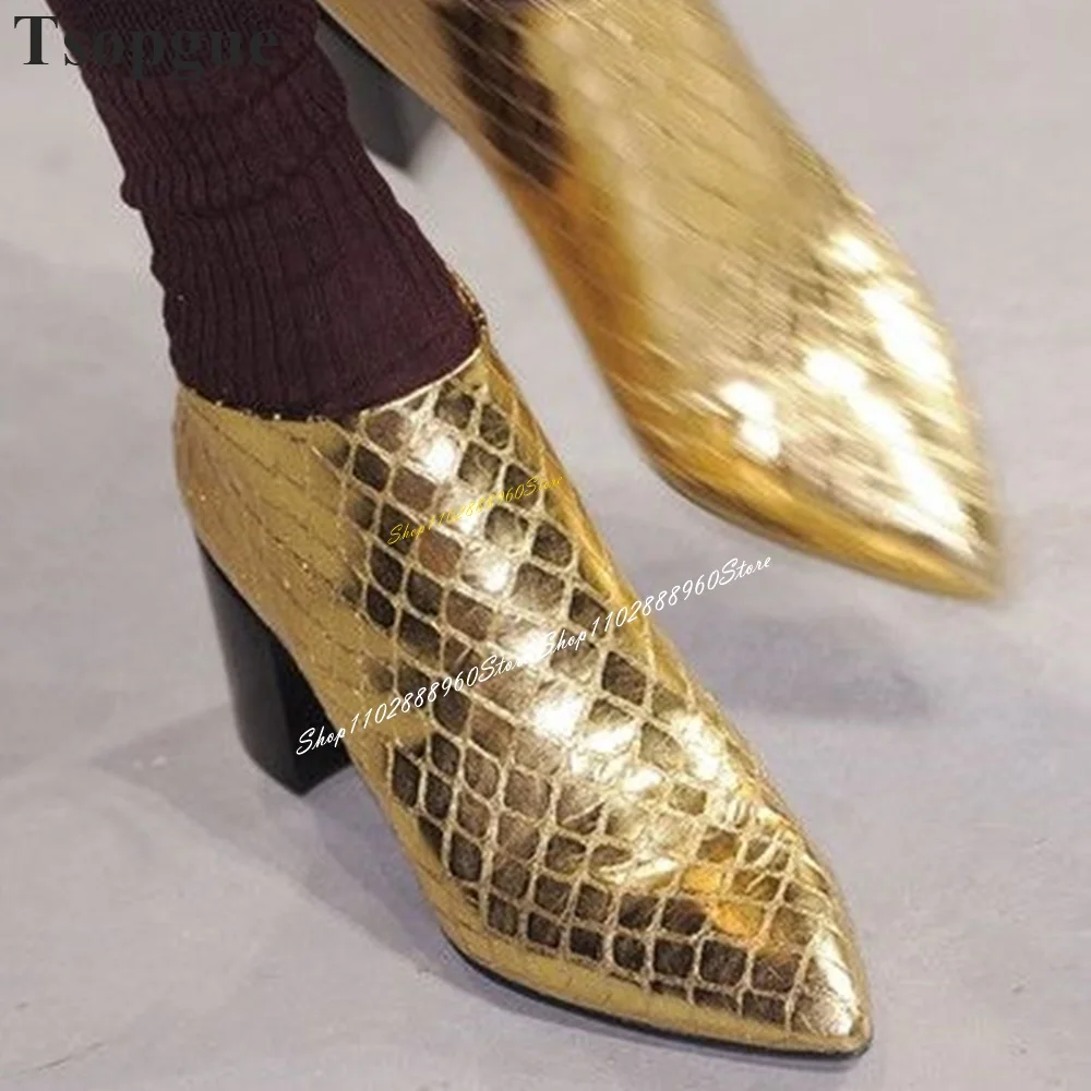 Zapatos de tacón grueso con cremallera trasera para hombre, calzado informal de lujo con piel de serpiente dorada, para fiesta y pasarela, a la moda, 2024