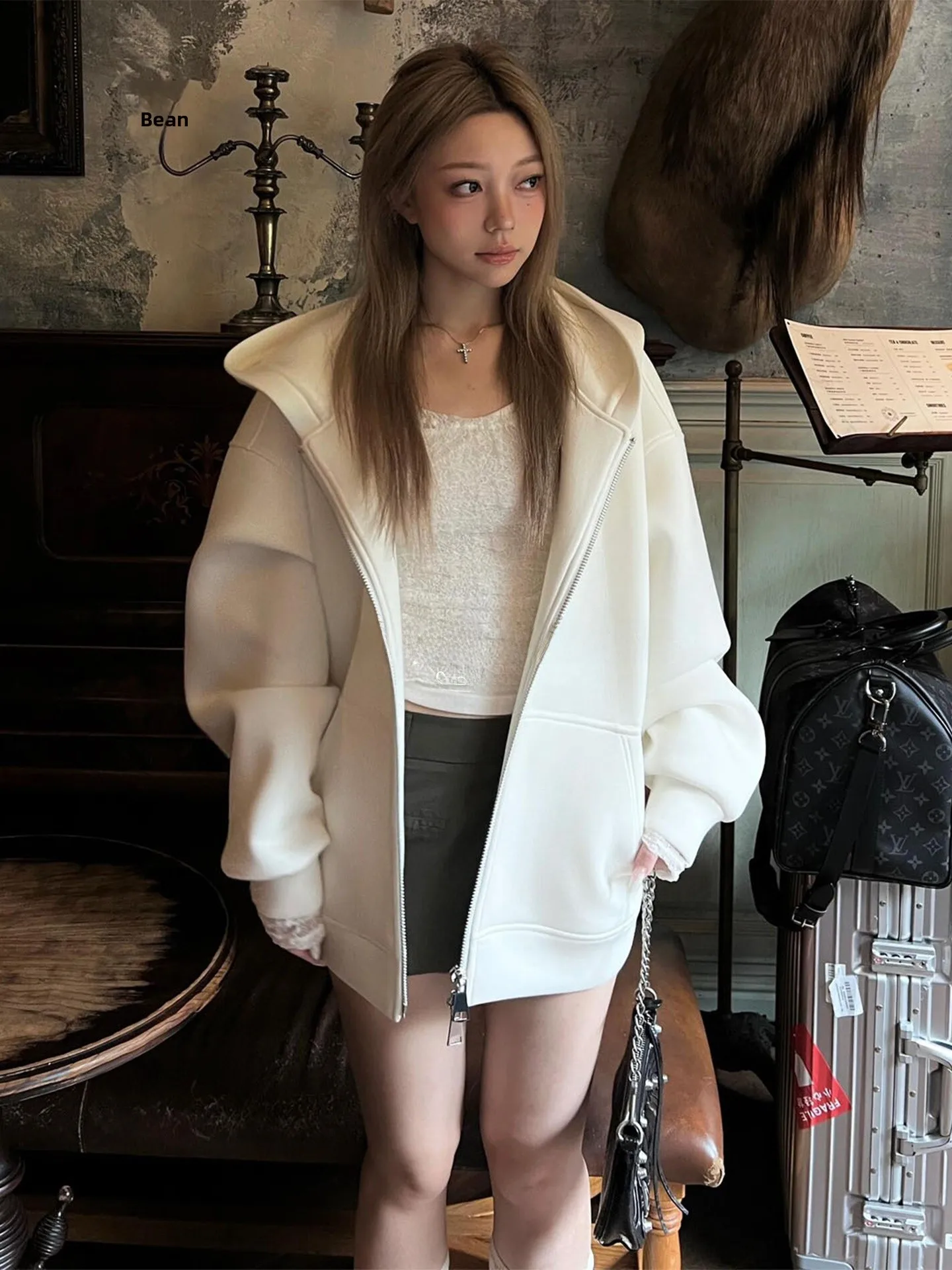 

Rouje Kefss White Casual Style Women's Hoodie Jacket Autumn Winter Versatile Loose Fit Coat Korean Trend Ageless Outerwear