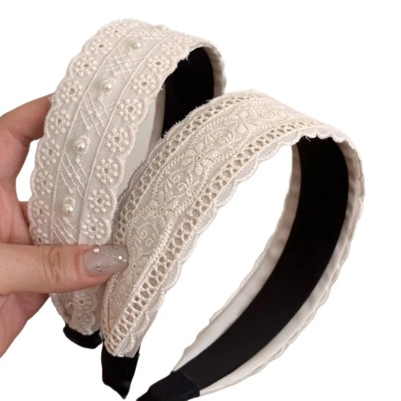 Premium Beige fleur dentelle perle bandeau femmes large bord cheveux accessoires mode bandeaux