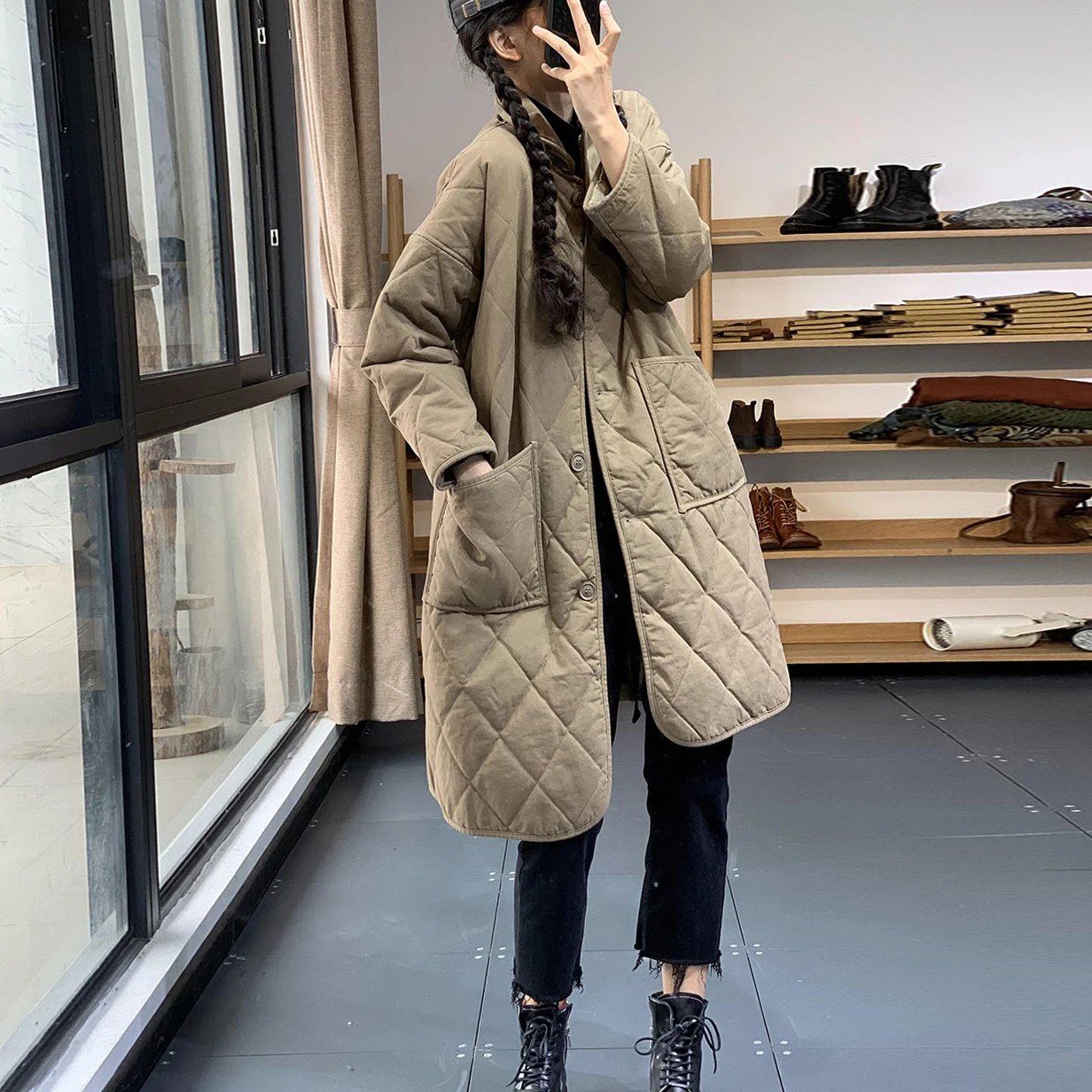 

Lightweight Cotton Jaet Women's Autumn Winter Large Size Rhombus id Cotton Coat Fem Faionable Commute Zipper Closure