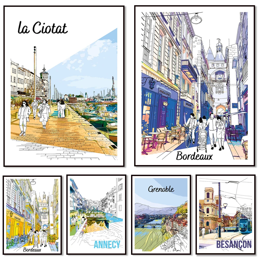 Besançon city center, Grenoble, Bordeaux Saint-Colomb square, Saint-Eloy district, La Ciotat port, Encroix, Annecy travel poster