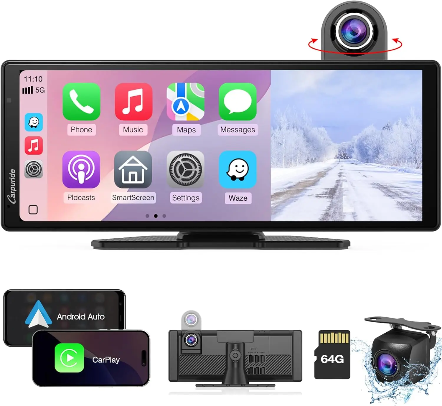 

10,26-дюймовый беспроводной сенсорный экран с CarPlay и Android Auto, 4K видеорегистратор, циклическая запись, Bluetooth, GPS для автомобиля