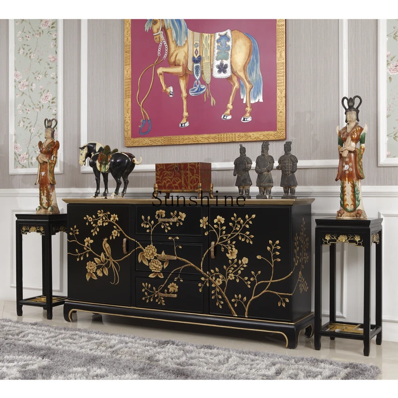 French retro Chinese black gold painted entrance furniture solid wood dining side cabinet