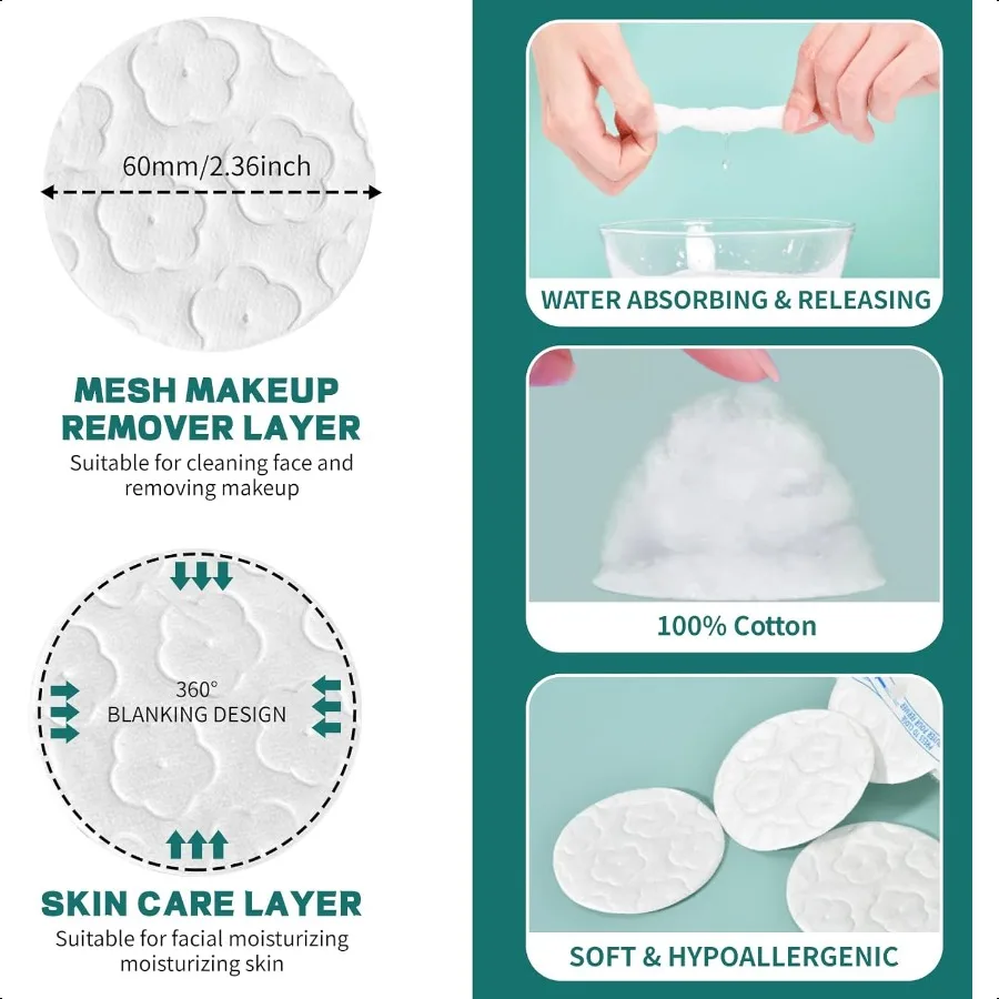 プレミアムコットンラウンド（洗顔用）300枚入りメイク落としパッド、100%ピュアナチュラルフェイシャルクレンジングラウンドパッド、低刺激性、糸くずの出ない