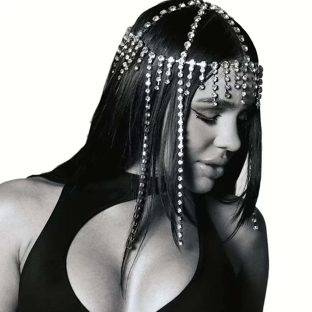 فلاش شرابة حجر الراين غطاء خوذة كريستال رئيس سلسلة مجوهرات RaveParty الرقص الزفاف 1920s إكسسوارات الشعر للنساء هدية #5