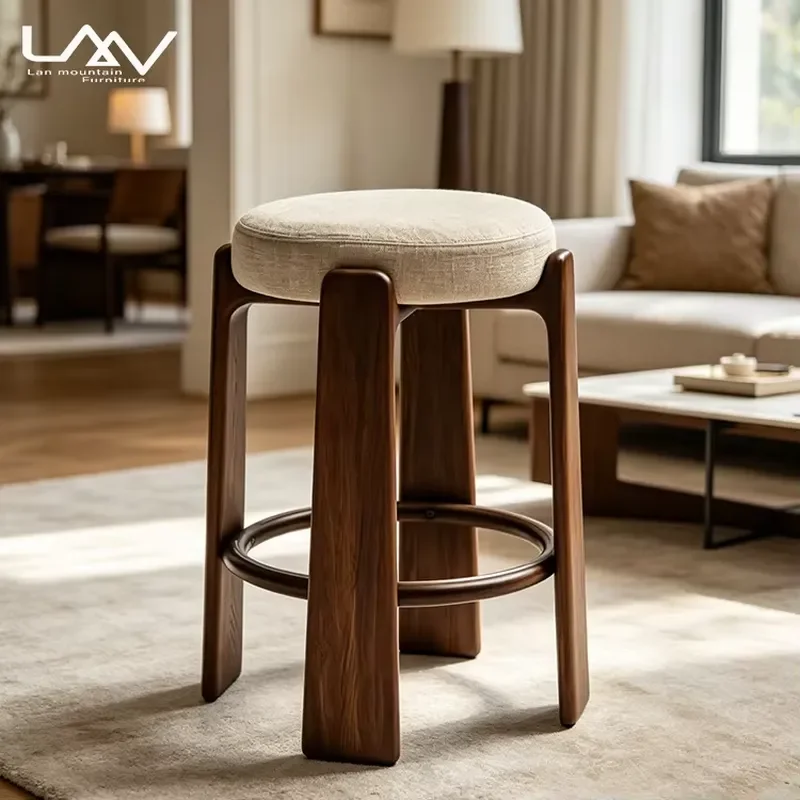 Nordic Wood Frame Bar Stool Fabric Upholstered Counter Chair for Hotel Restaurant Living Room Modern Luxury Home Furniture
