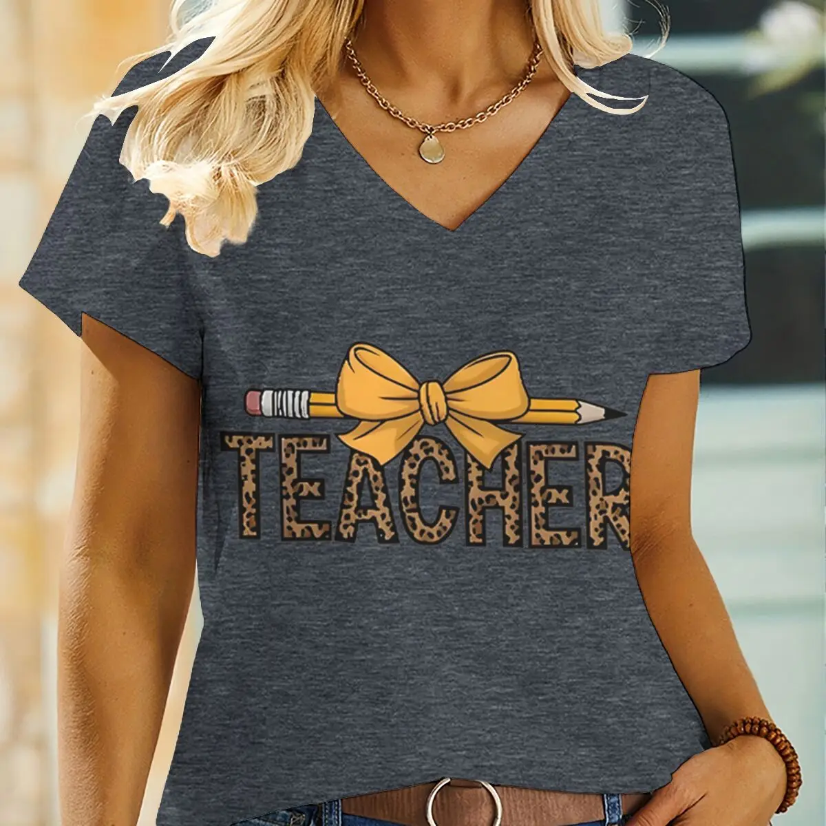 Teacher Leopard Pencil Bow Print V-neck T-shirt Women Men Fun Teacher Life Streetwear Fashion Teacher Back To School Tops Gift