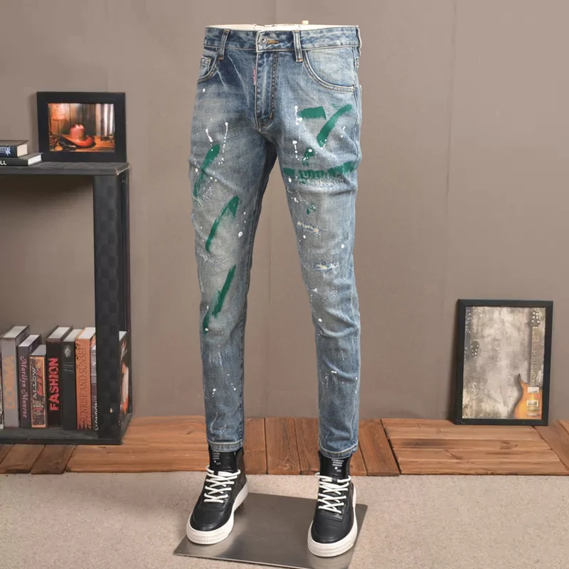 Fashion Streetwear Men Jeans Retro Blue Elastic Slim Fit Ripped Jeans Men Vintage Trousers Painted Designer Hip Hop Pants Hombre