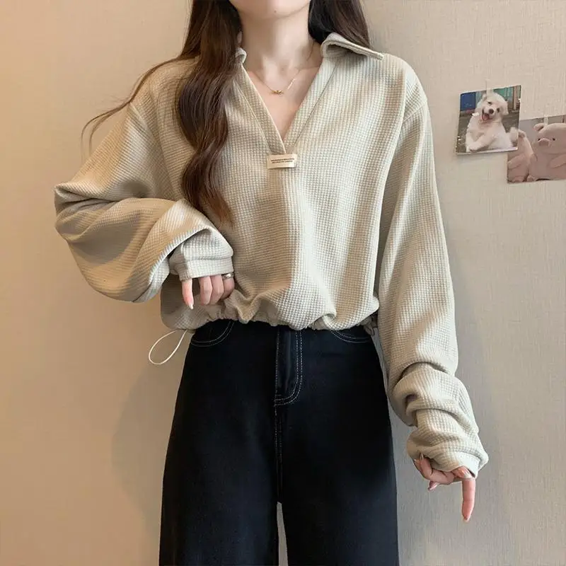 

Женская одежда, корейский свитшот с воротником-поло, модные весенне-осенние свободные базовые Повседневные пуловеры с длинным рукавом и завязкой на талии
