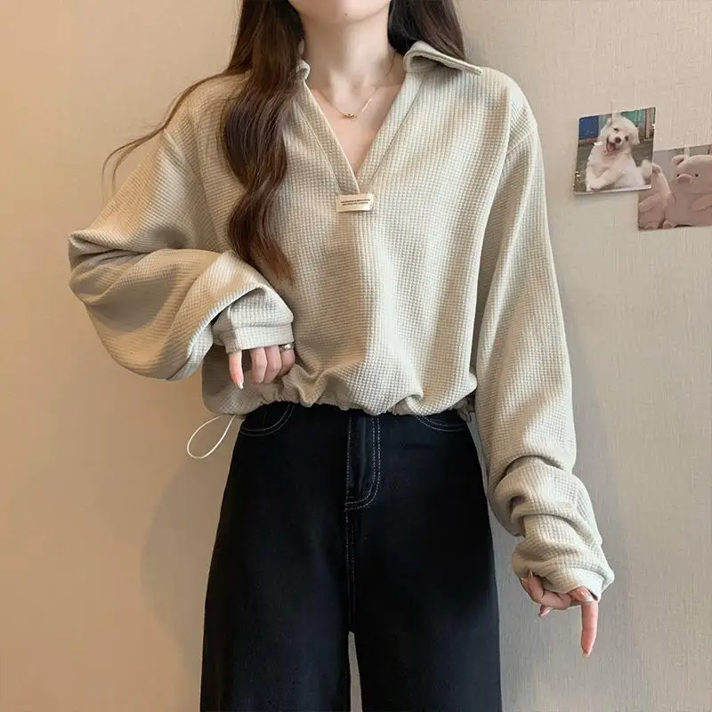 Women's Clothing Korean Polo-Neck Sweatshirts Fashion Drawstring Waist Spring Autumn Loose Basic Casual Long Sleeve Pullovers