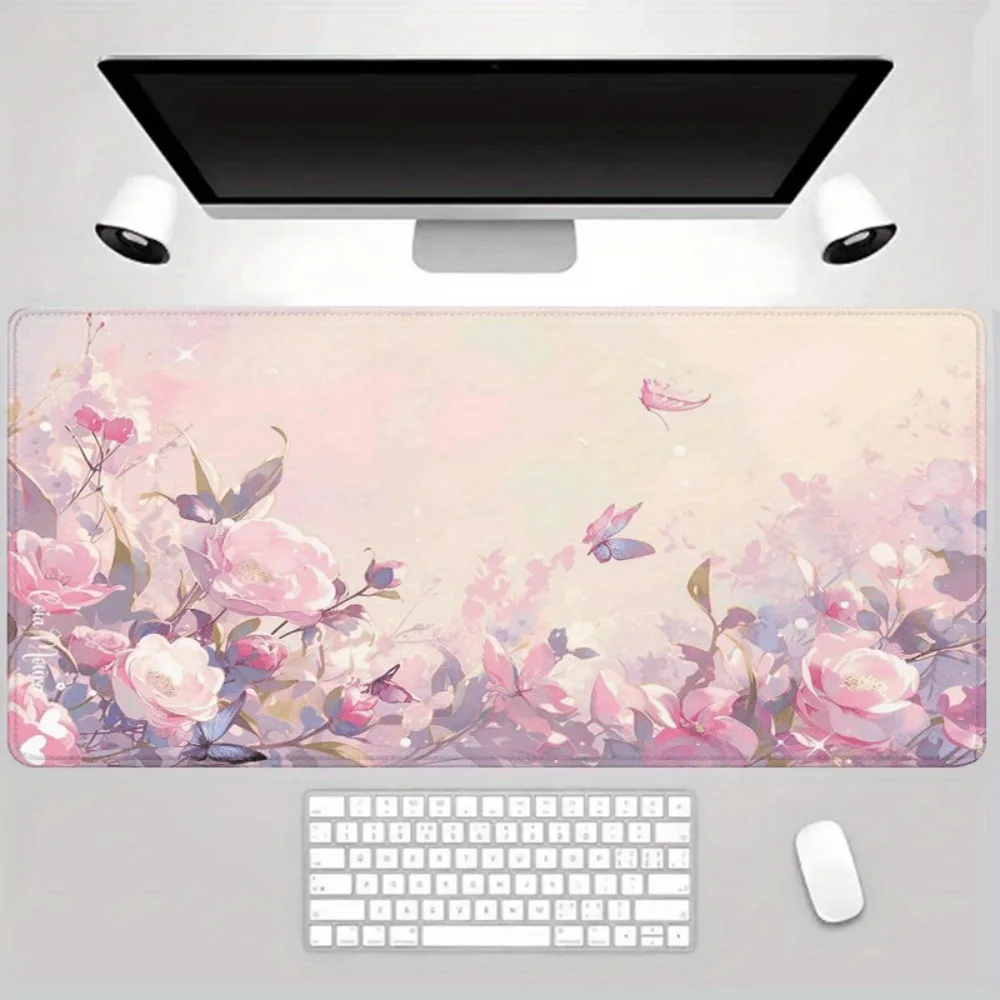 Flower Butterfly Extended Mouse Pad Romantic Floral Design, Office Laptop Desk Mats, Non-slip Rubber Home Table Mat