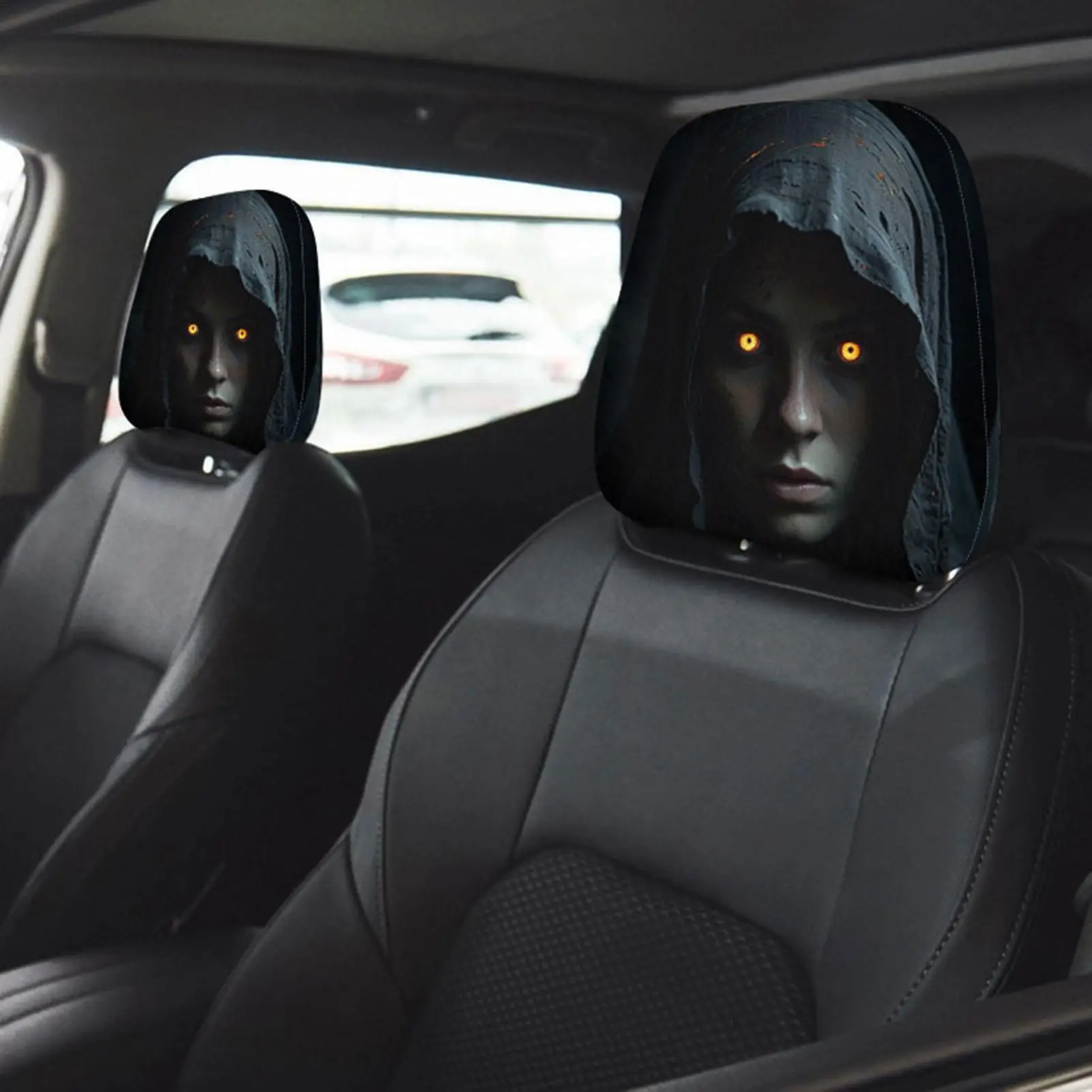 2PCS Universal Headrest Covers Halloween Car Interior Decoration 2D Printing Horror Black Face Car Headrest Covers pillowcase