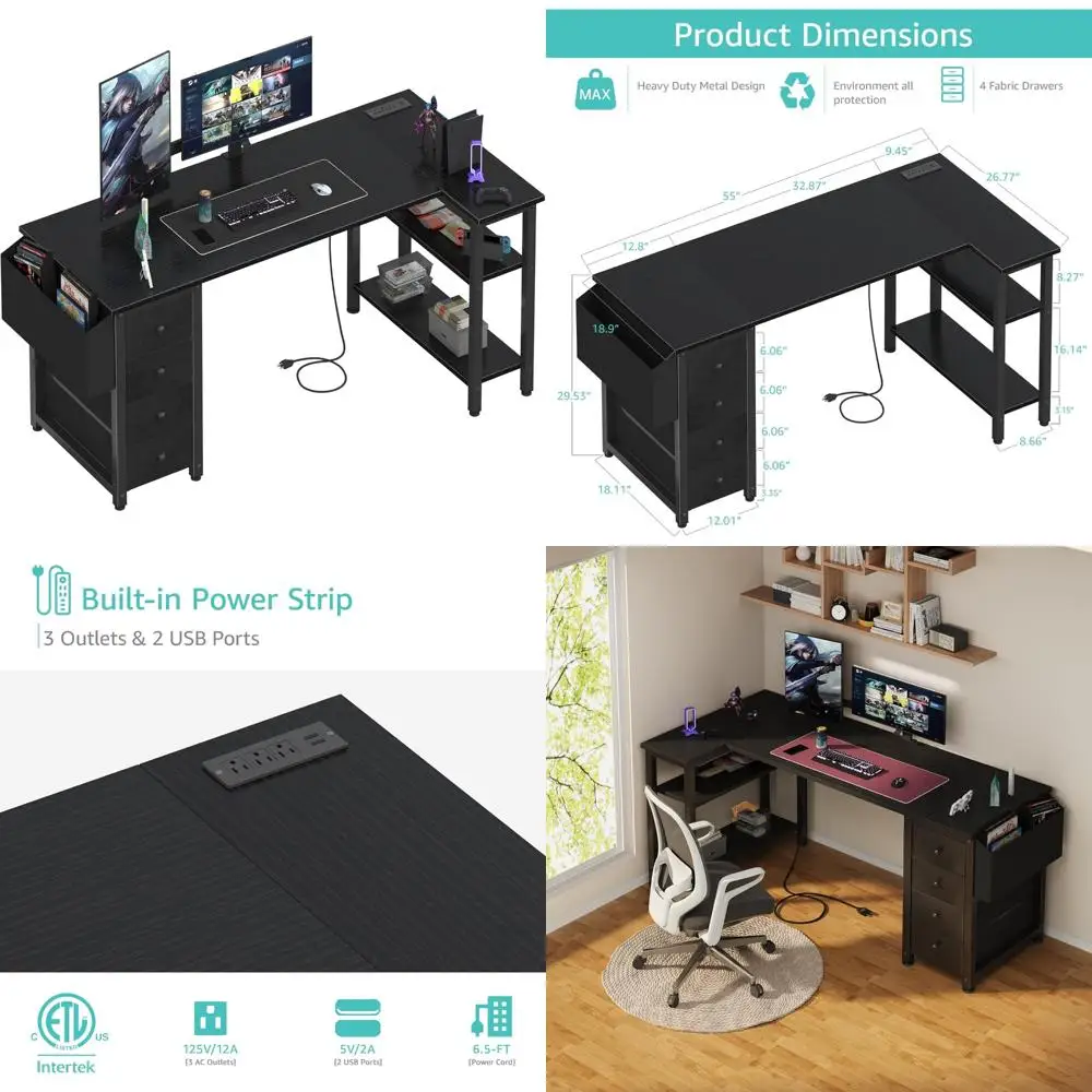 

Lufeiya 55-inch L-Shaped Gaming Desk with Drawers and Storage Shelves, Corner Computer Desk with Power Outlet for Home Office