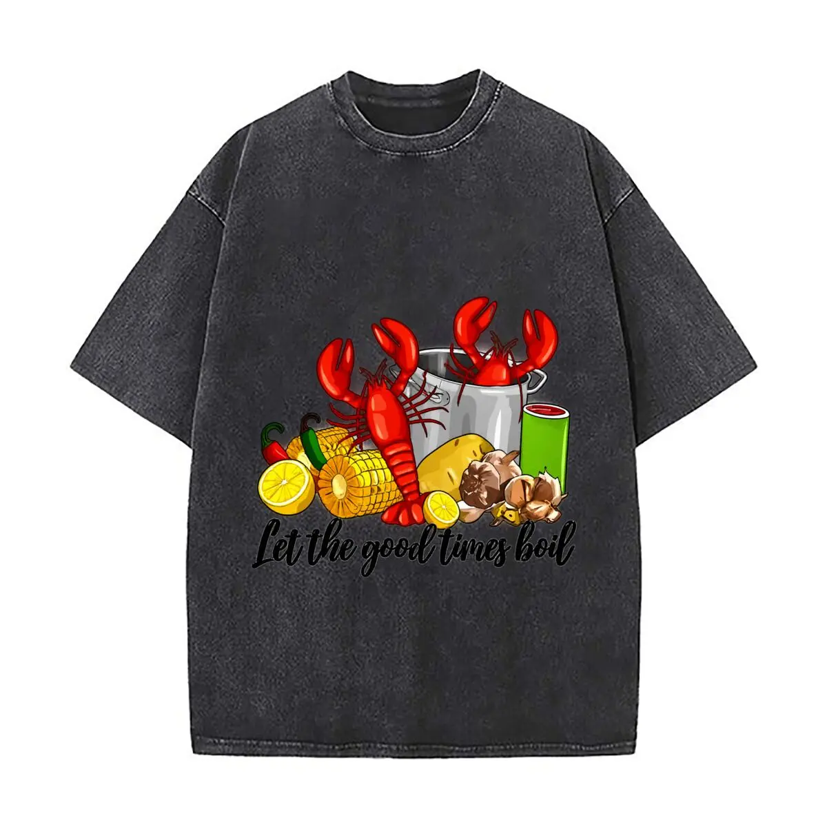 Let The Good Times Boil Crawfish Corn Lemon Garlic Seafood Graphic Washed Short Sleeve Loose Streetwear Tee Hip Hop