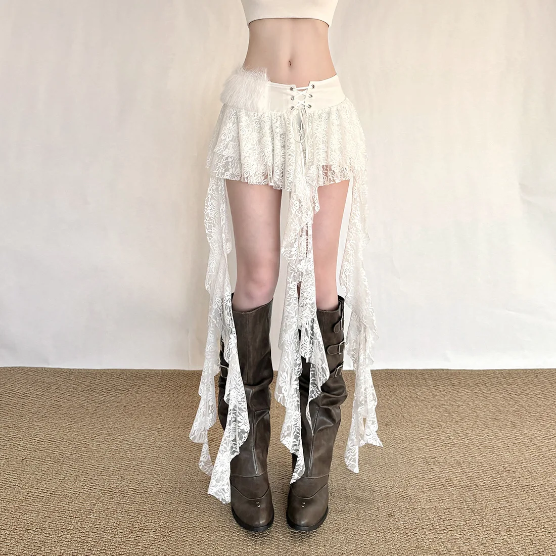 

2026 Spring & Summer New Women's High-End Lace Flowy Tassel Skirt High Waist Asymmetrical Feather Patchwork Sexy Mini Skirt