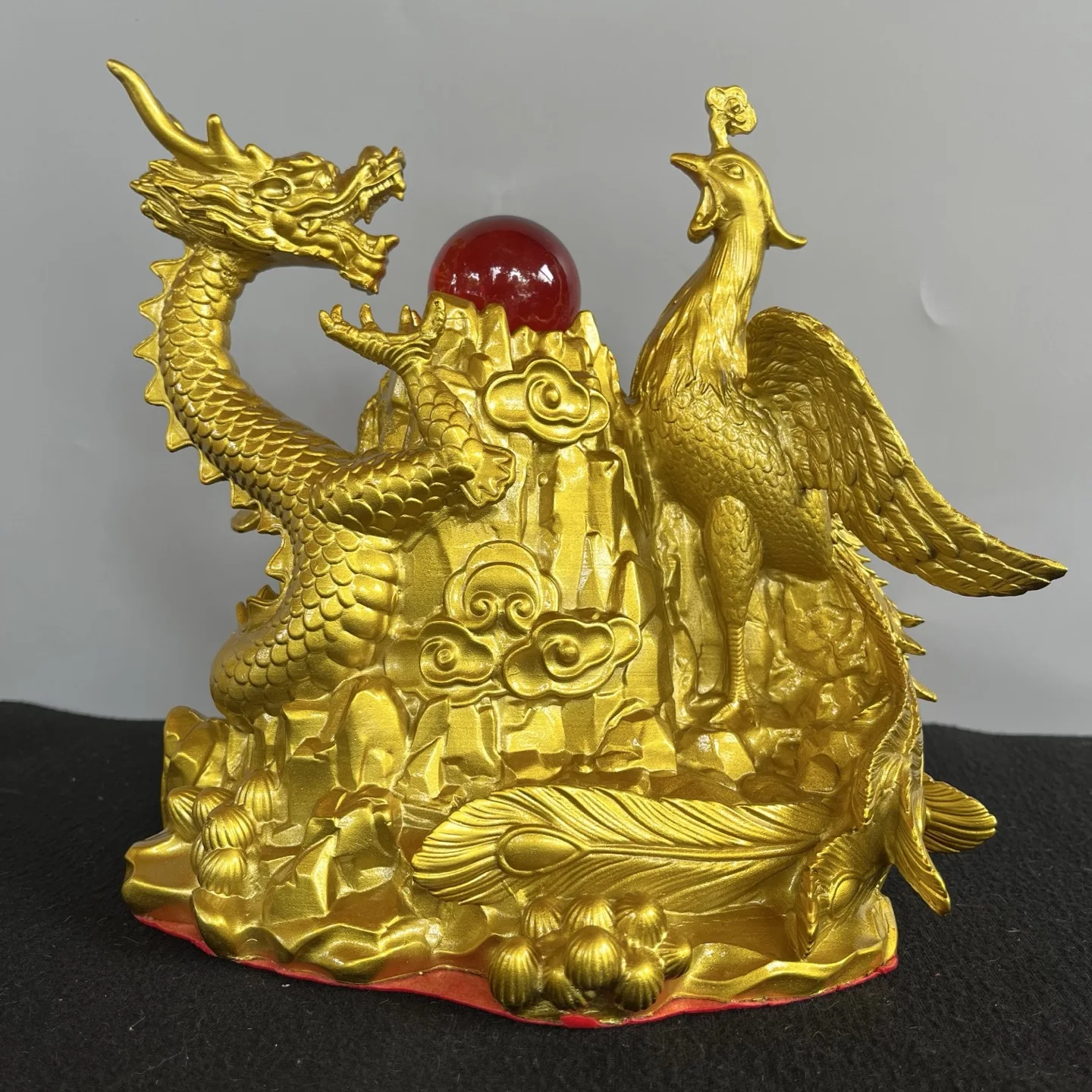 Old Brass Dragon and Phoenix Statues Zhuzi Mountain Base Study screen Amass wealth Ornaments Town house Exorcism