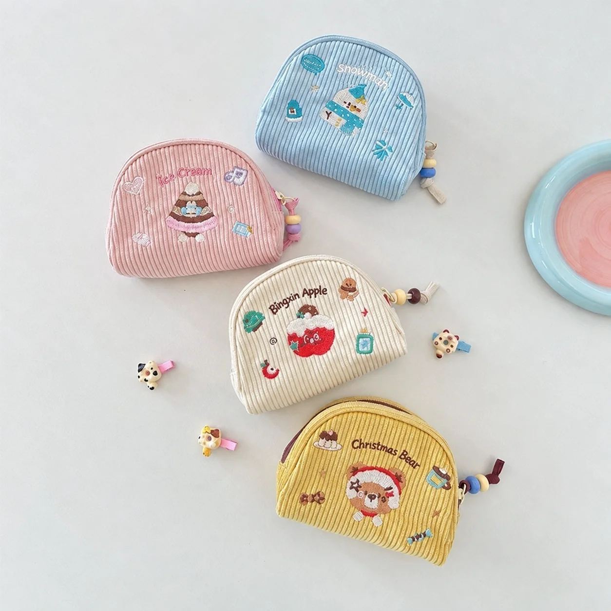 Embroidered Cosmetic Bag  Shape Cosmetic Bag Checkered Corduroy Pouch Cute Cotton Cosmetic Bag For Small Personal Item
