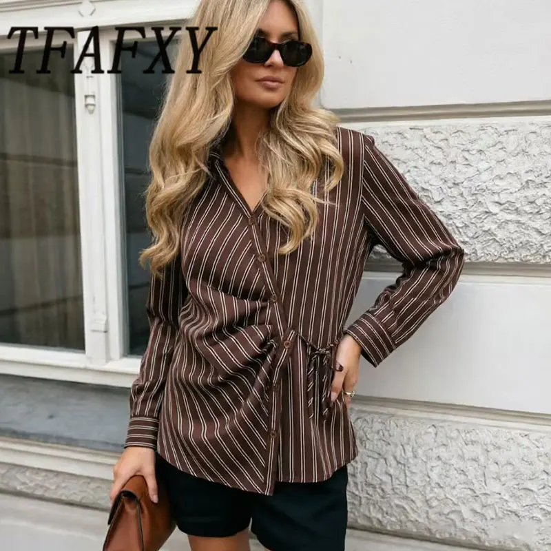 

TFAFXY 2026 Summer Vintage Casual Chic Women Blouse Stripe V-Neck Single Breasted Sashes Blouse New Fashion Elegant Shirts