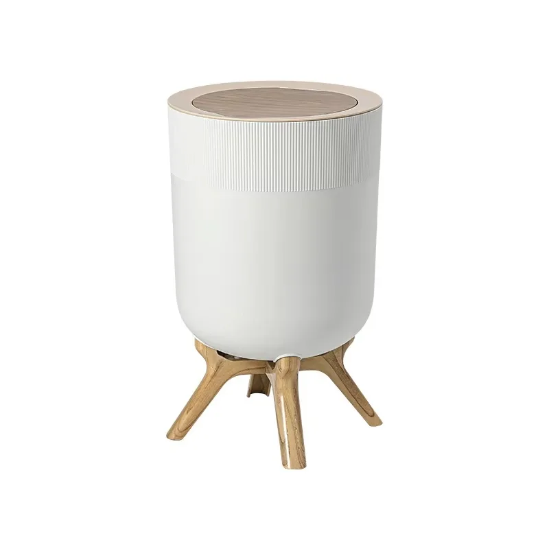 Sanbei Patent Design Odor Resistant Trash Can With Lid Press on Plastic Trash Can Wood Grain High Foot Garbage Collection Bin