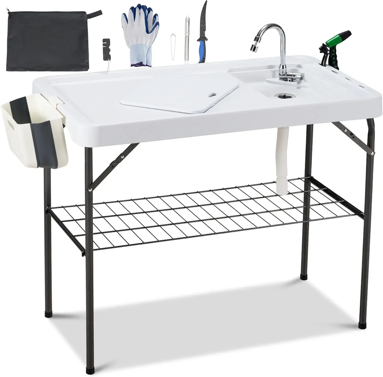 Sink Fish Cleaning Table Portable Camping Table with Faucet Hose Hook Up Grid Rack, Fish Fillet Camping Sink Ta