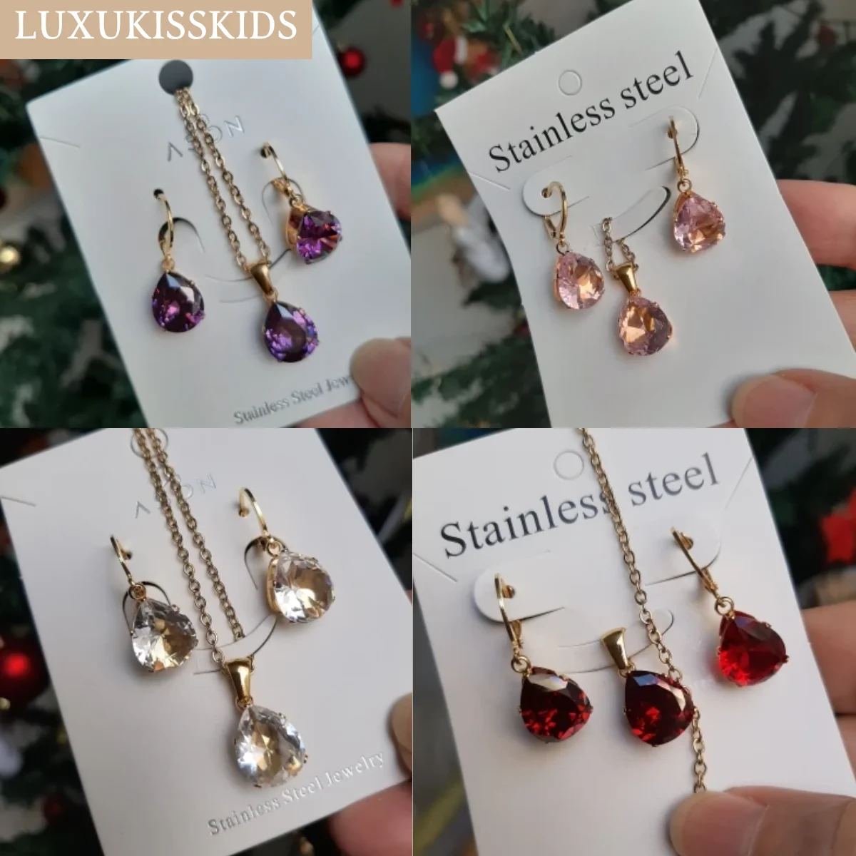 أطقم مجوهرات فاخرة من الزركونيا المكعبة للنساء ، قطرة ماء ، قلادات وأقراط الزفاف ، فولاذ مقاوم للصدأ ، AAA CZ ، أزياء فاخرة #5