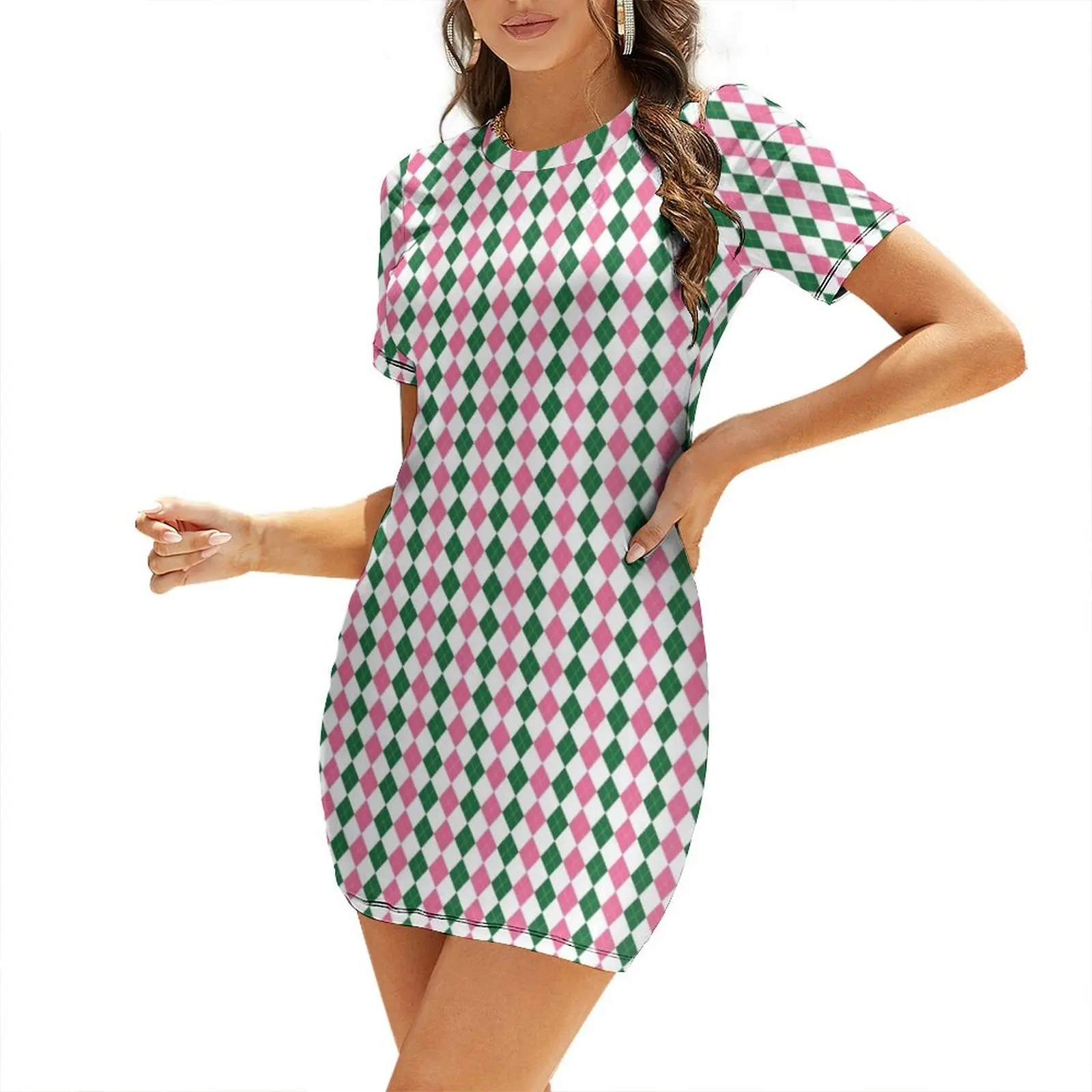 Green Pink and White Argyle Pattern Diamond Checks Short Sleeved Dress Women dresses summer evening dress woman womans clothing