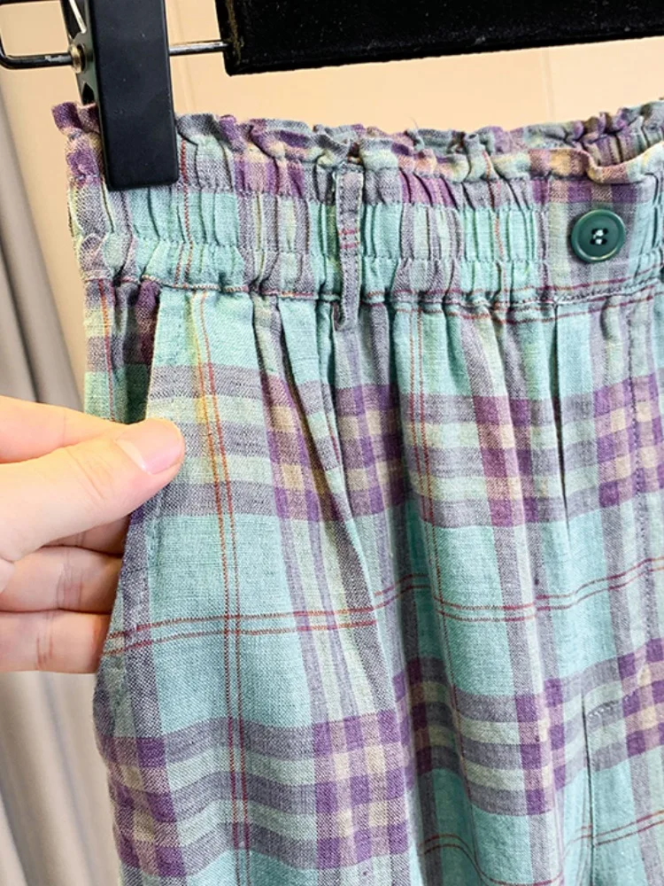 กางเกงขายาวทรงตรงผ้าฝ้ายลินินเอวสูงแต่งระบายชาย  สำหรับผู้หญิง สไตล์ลำลอง  ความยาวเก้าส่วน  ใส่สบายในฤดูร้อน  สไตล์วินเทจ
