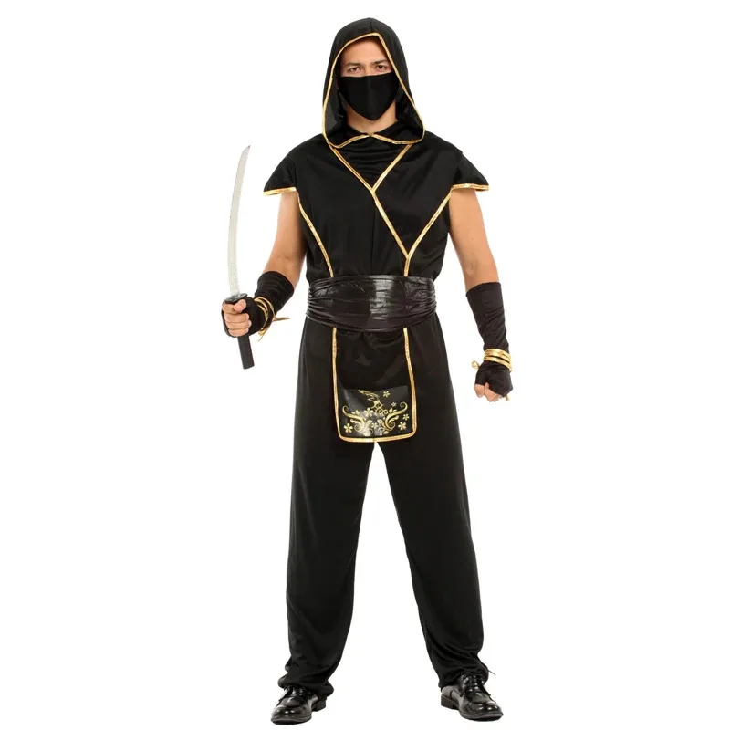Disfraz de Ninja de oro negro samurái japonés para adultos, disfraz de Carnaval para hombre, Disfraces de Halloween, vestido elegante