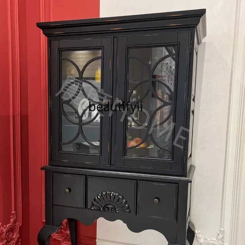

French retro black old decorative wine cabinet living room glass display tall cabinet