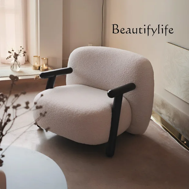 

Medieval style solid wood living room single sofa walnut color leisure chair lamb wool small apartment retro