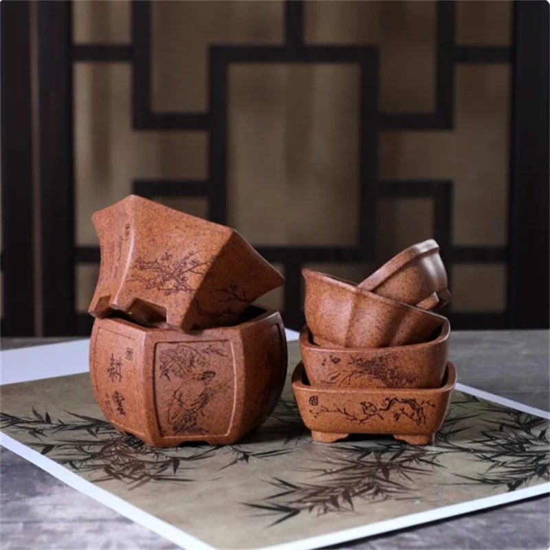 Ceramic Small Bonsai Pot,Wood-fired pottery,Brown,Purple Sand, Home Table Garden Decoration