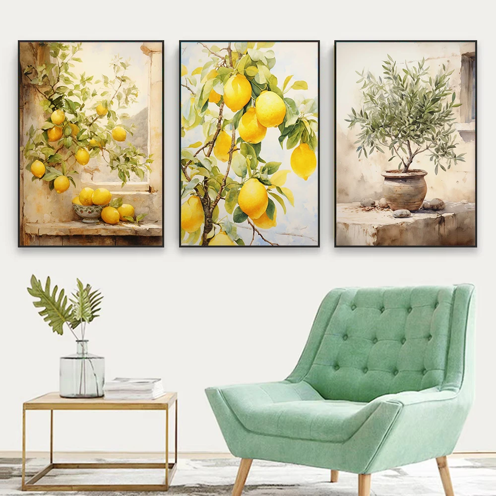 Retro Mediterranean Greece Italian Lemon Olive Tree Landscape Poster Canvas Painting Wall Art Pictures Home Interior Decor