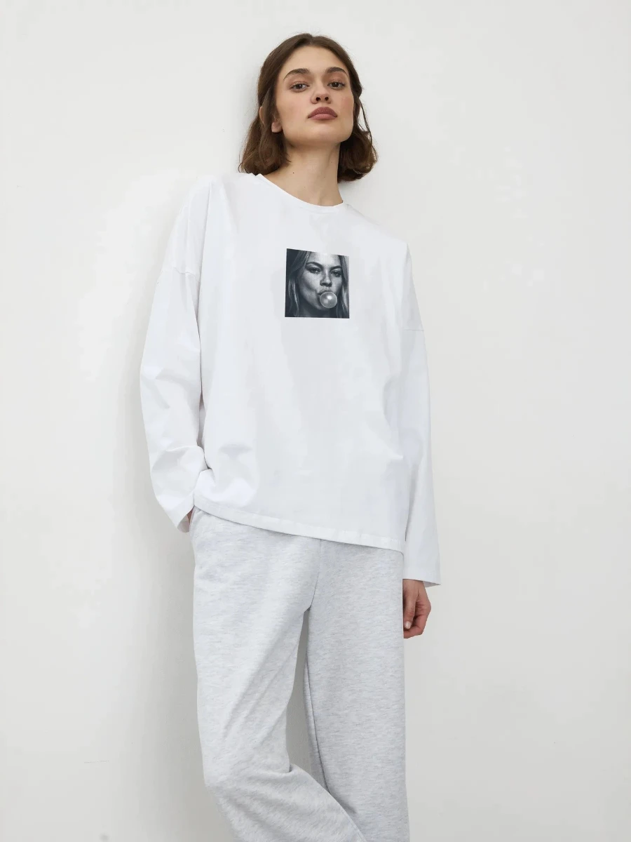 Spring Autumn Women's 100% Cotton T‑Shirt Black White Figure Bubble Gum Print Long Sleeve Loose Fit Soft Daily Casual Basic Top