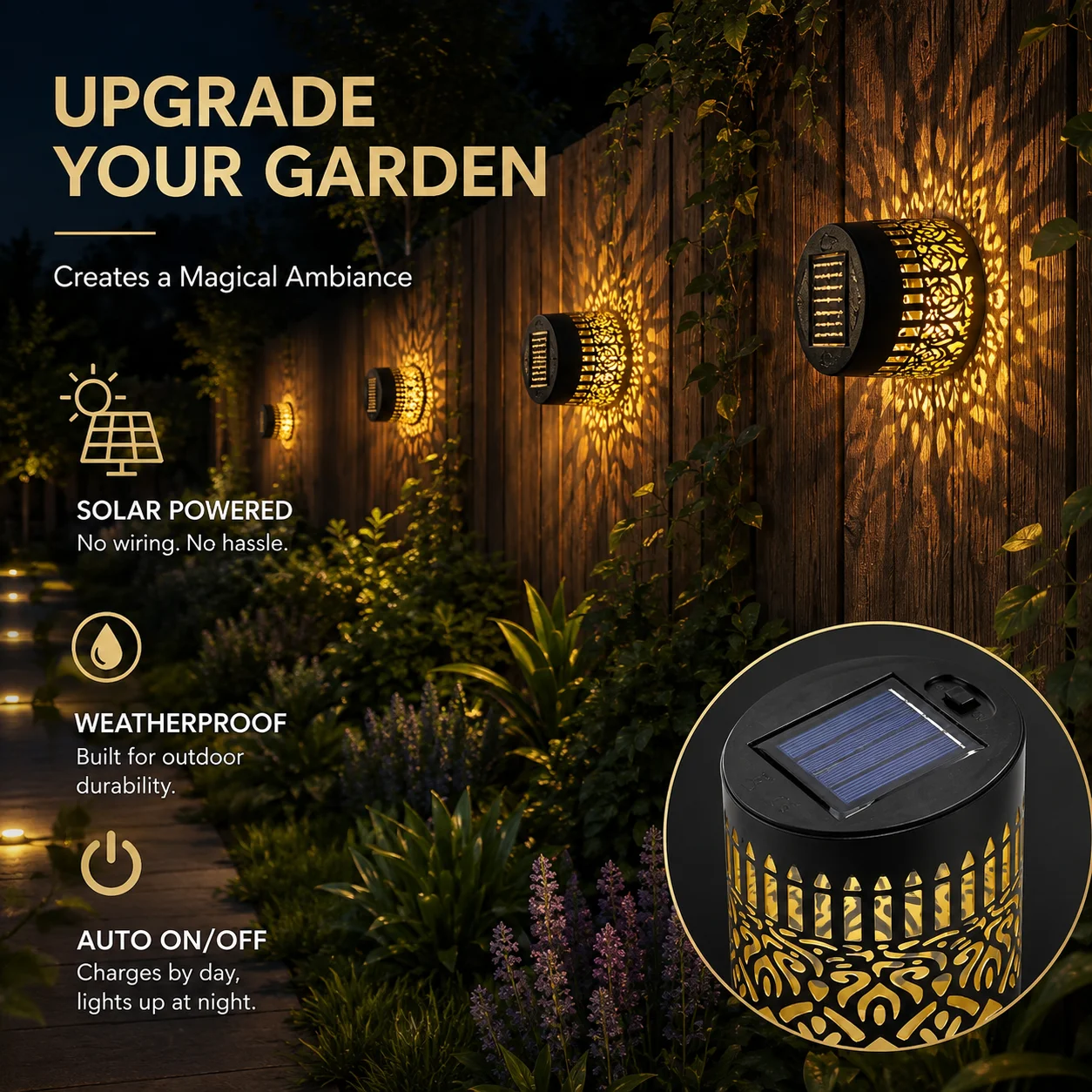 Solar Wall Lights Outdoor Garden LED Fence Lamp Datura Pattern Waterproof IP65 Solar Powered Decorative Light Patio Yard Pathway