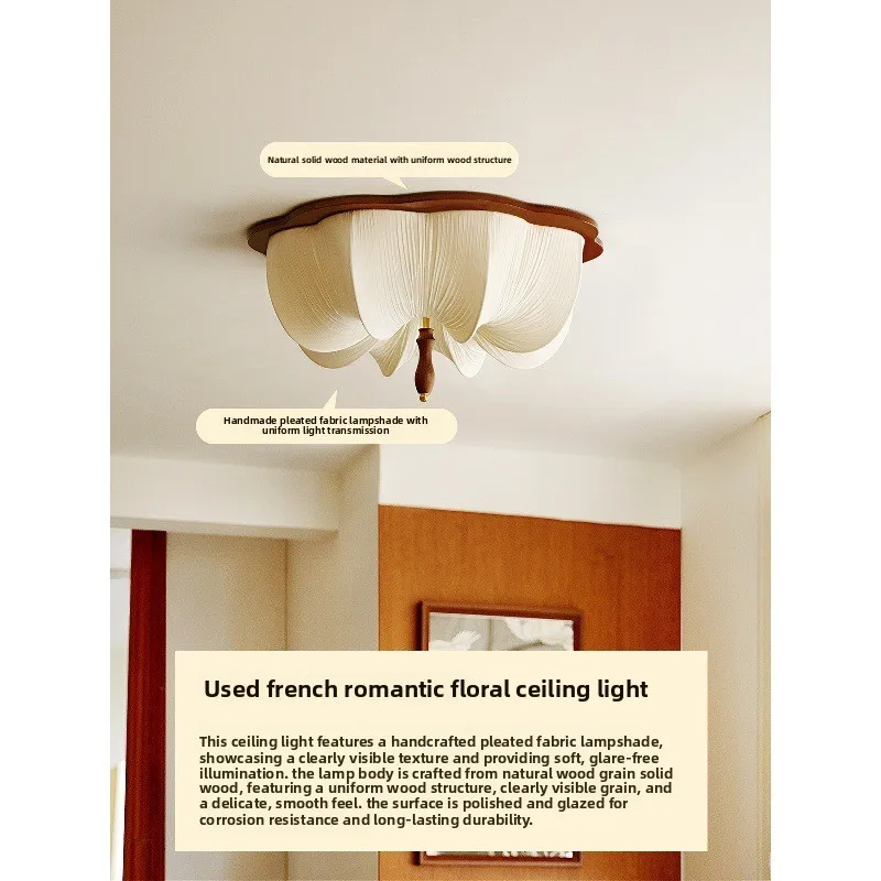 French medieval bedroom pleated fabric ceiling lamp, wabi-sabi retro flower master bedroom lamp