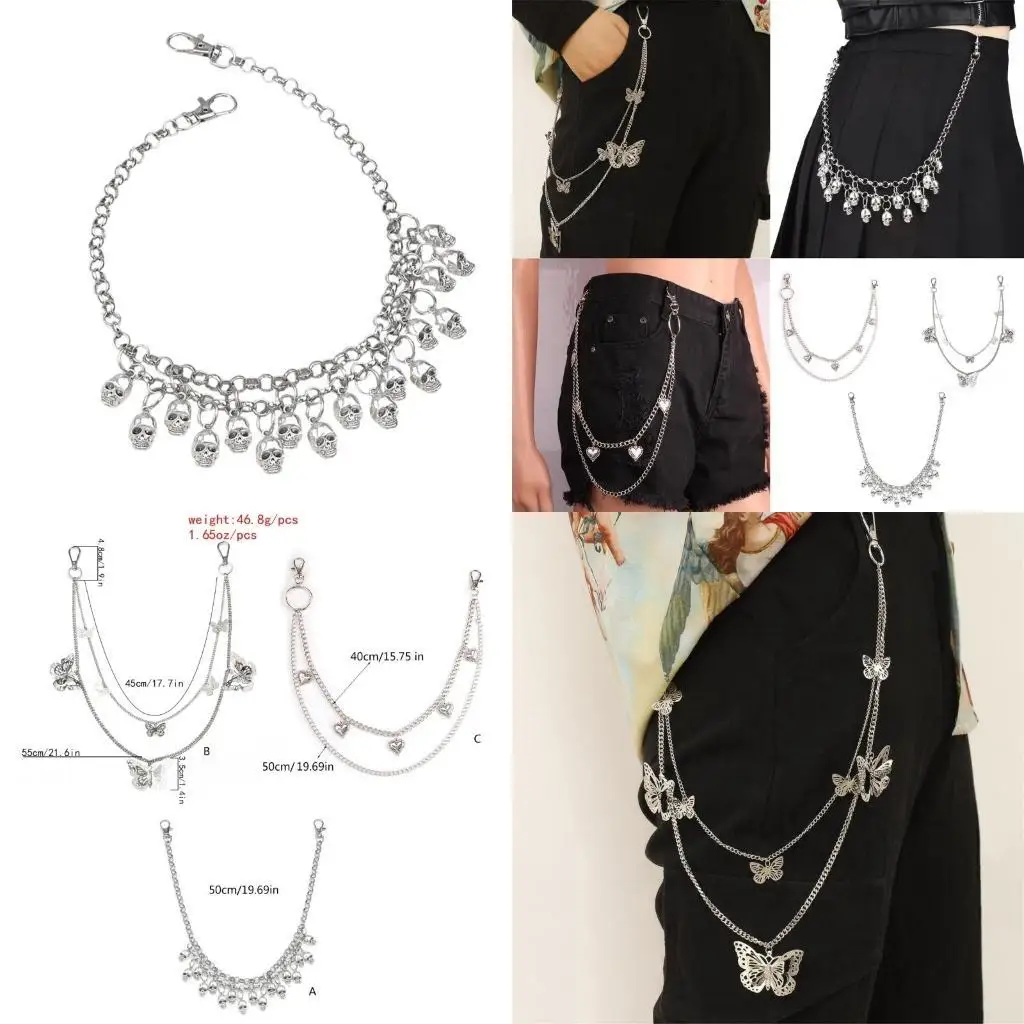

652F Punk Jeans Pants Chain Multi Layer Chain Heart Charm Waist Wallet Jewelry Harajuku Belt for Dancers Accessories