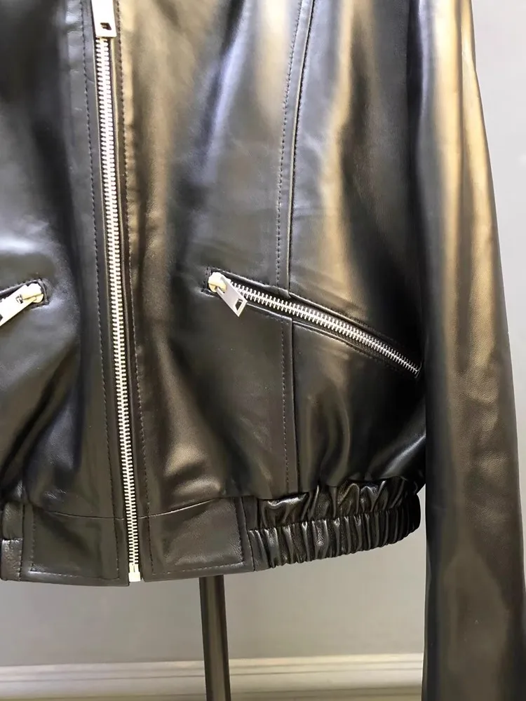 Punk Stijl Vrouwen Korte Schapenvacht Lederen Jas Rits Zakken Stand Kraag Herfst Motorfiets Winddichte Jas Streetwear