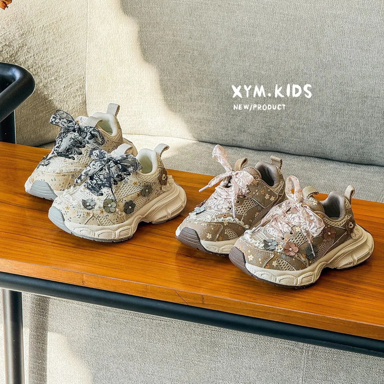 2026 Spring New Girls Ribbon Lace Floral Lightweight Breathable Sneakers Unisex Children Toddler Little/Big Kids Chunky Shoes