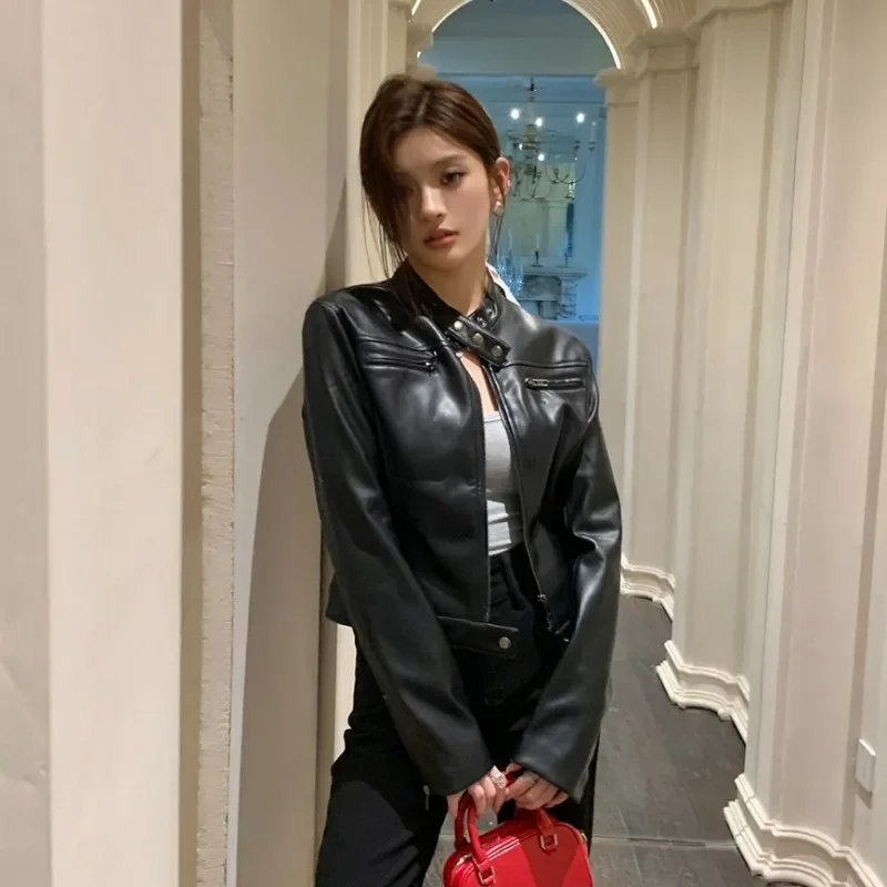 

2025 американская ретро женская винтажная куртка из искусственной замши с длинным рукавом байкерское пальто на молнии короткая верхняя одежда черная