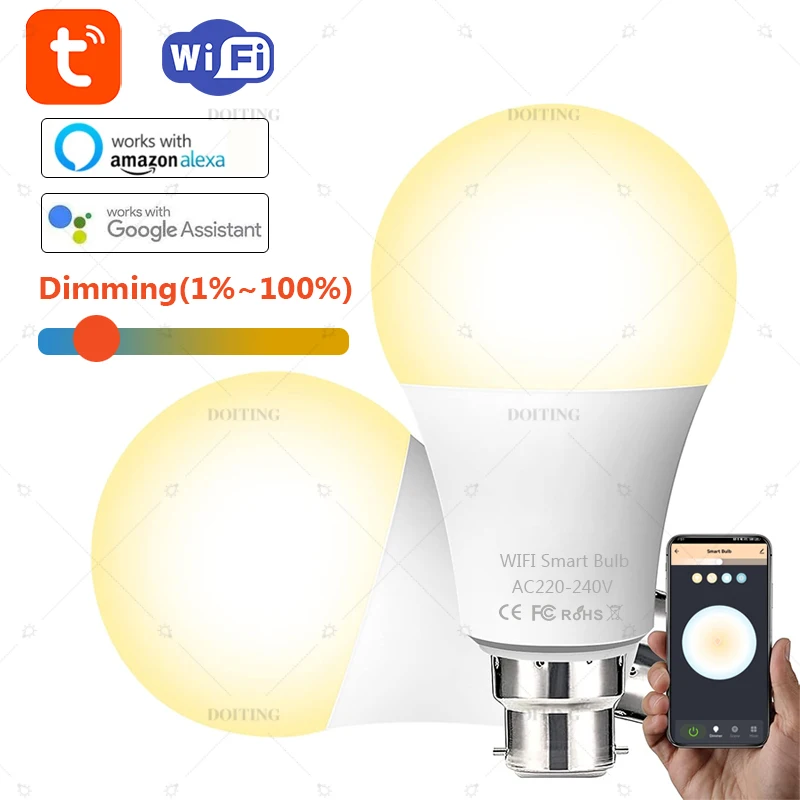 Tuya WiFi B22 Smart Life Dimmable Bulb UK Standard AC220V  LED Light App Adjust Support Alexa Google Home Voice Control 