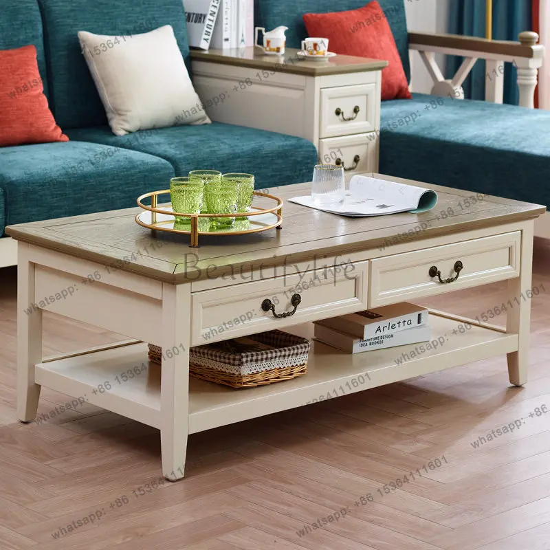 American light luxury white pastoral full solid wood coffee table TV cabinet combination rectangle