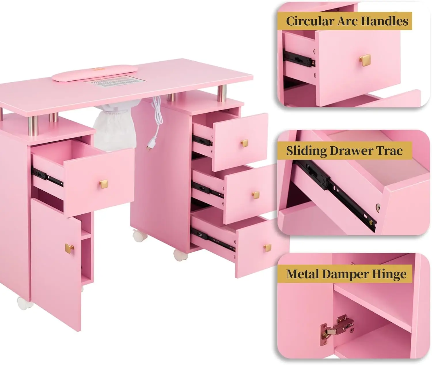 Table de manucure pour technicien, table à ongles avec dépoussiéreur électrique et coussin de poignet, station de table à ongles pour degrés d'acétone