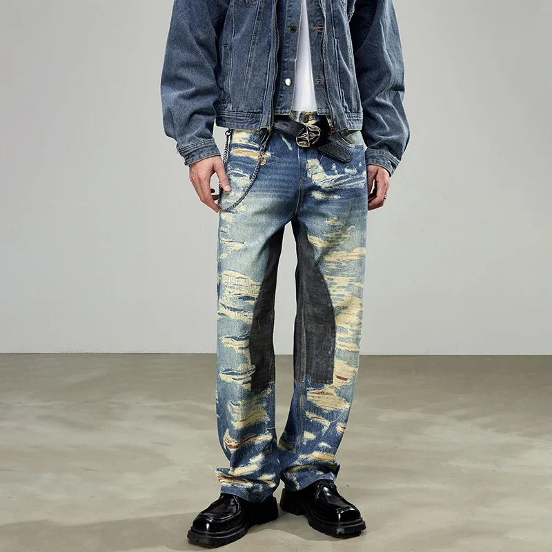 Water Washed Print Straight Jeans Men's Streetwear Fashion Hip Hop Loose Casual Vintage Denim Jeans Pants Man Trousers